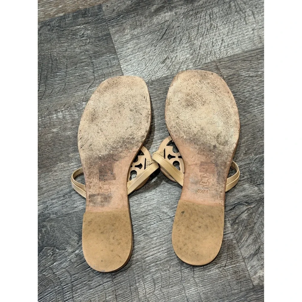 Tory Burch Miller Leather Logo Thong Sandals Sand Beige Womens 8.5M